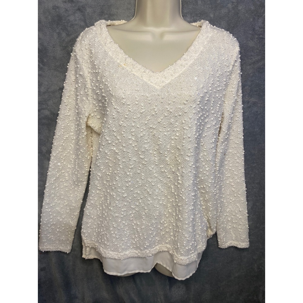 APT 9 Womens Petite Textured V Neck Long Sleeve Layered Sweater Top Ivory PXL
